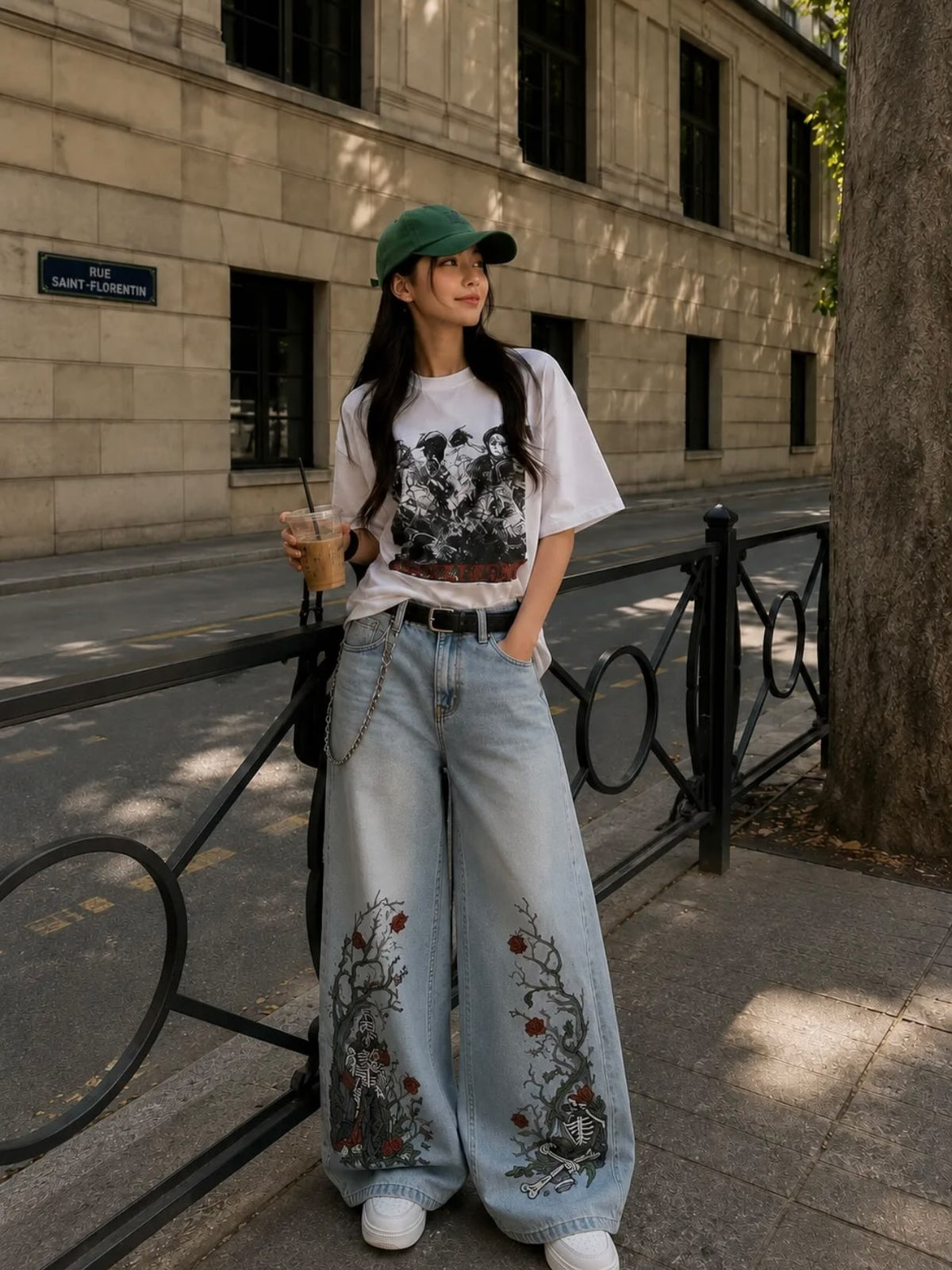 Gothic knight Embroidered baggy jeans 🗡️🌹