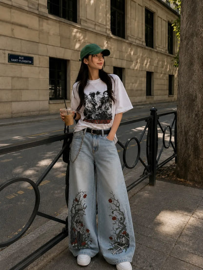 Gothic knight Embroidered baggy jeans 🗡️🌹