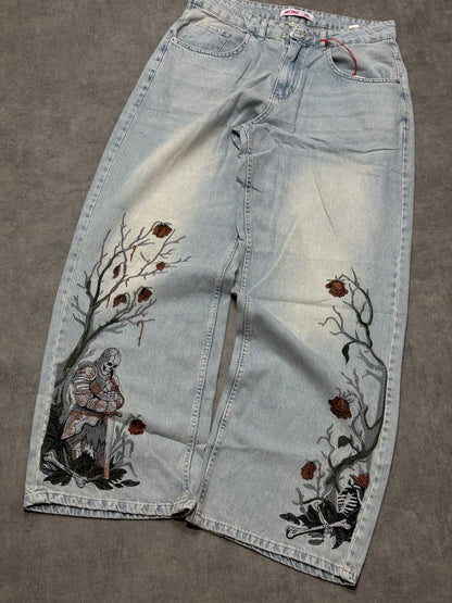Gothic knight Embroidered baggy jeans 🗡️🌹