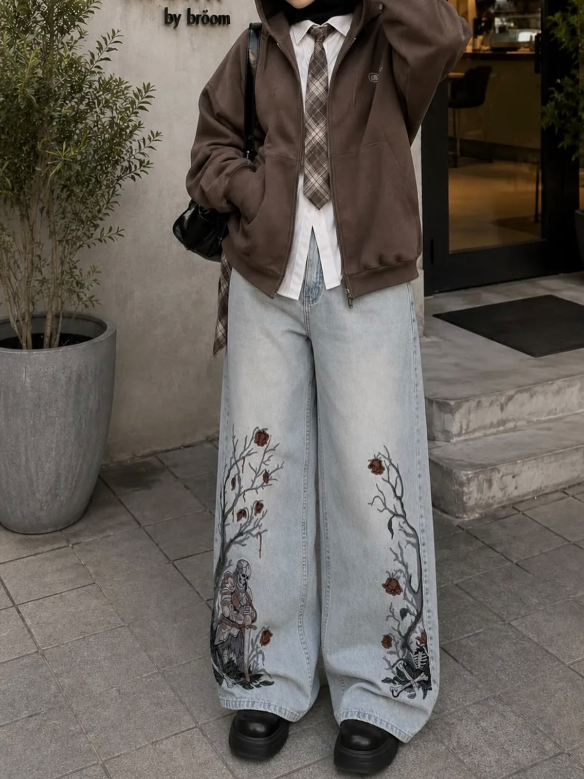 Gothic knight Embroidered baggy jeans 🗡️🌹