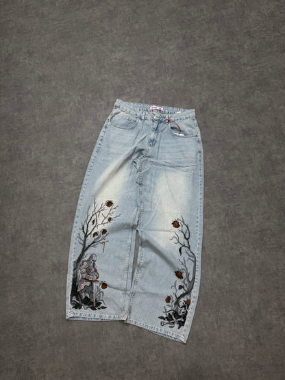Gothic knight Embroidered baggy jeans 🗡️🌹