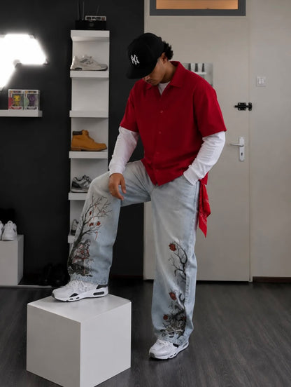 Gothic knight Embroidered baggy jeans 🗡️🌹
